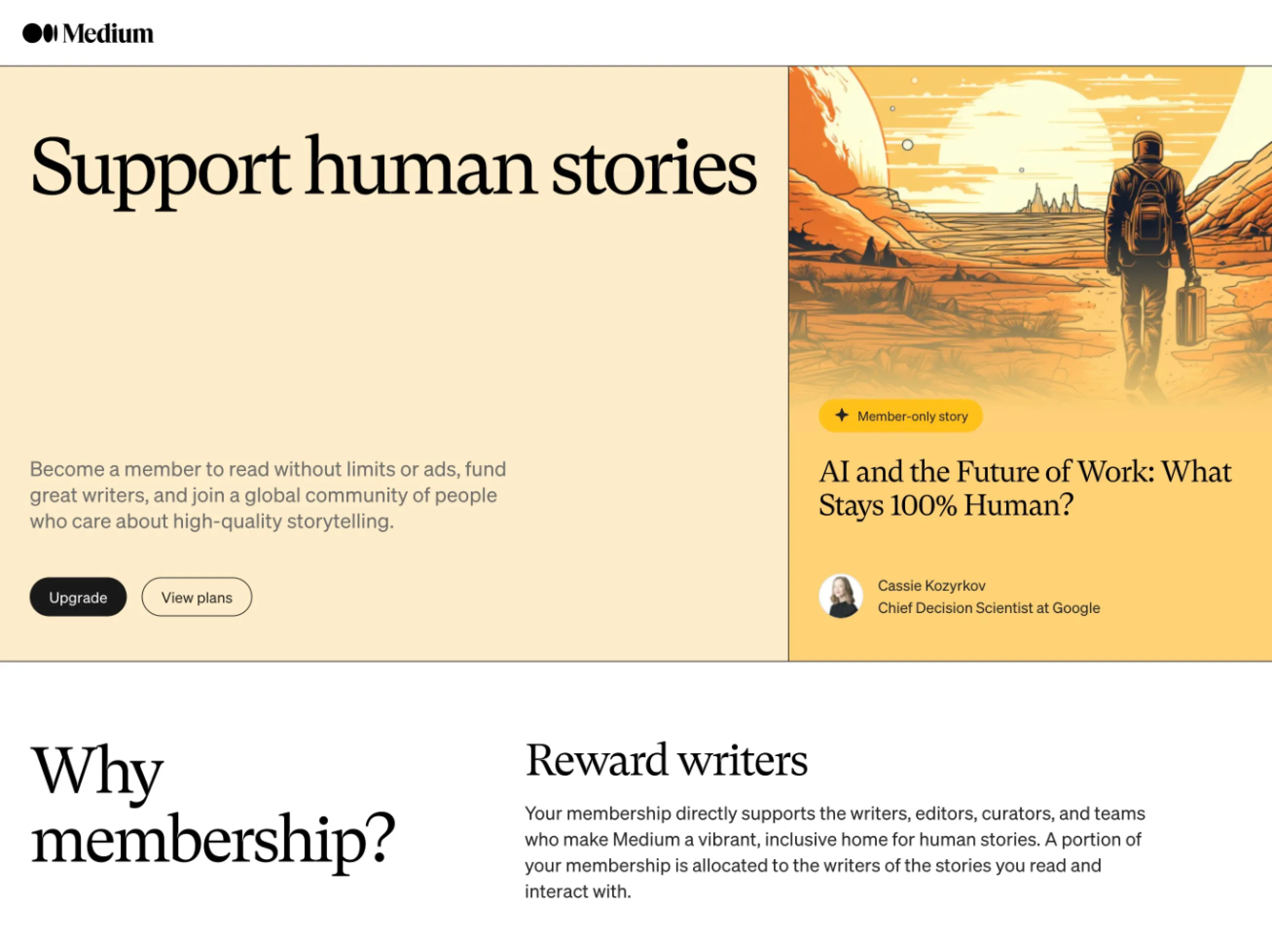 Medium membership page featuring 'Support human stories' with subscription benefits and member-only content